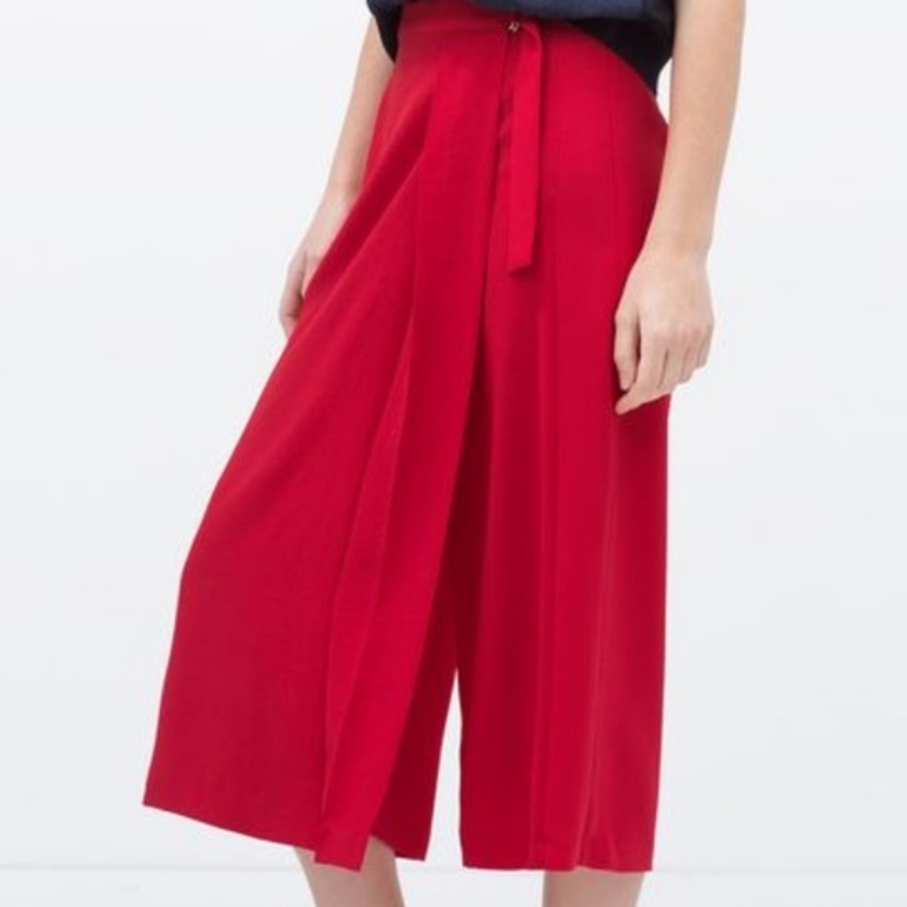 Zara Basic Red Wrap-Front Wide-Leg Culottes
